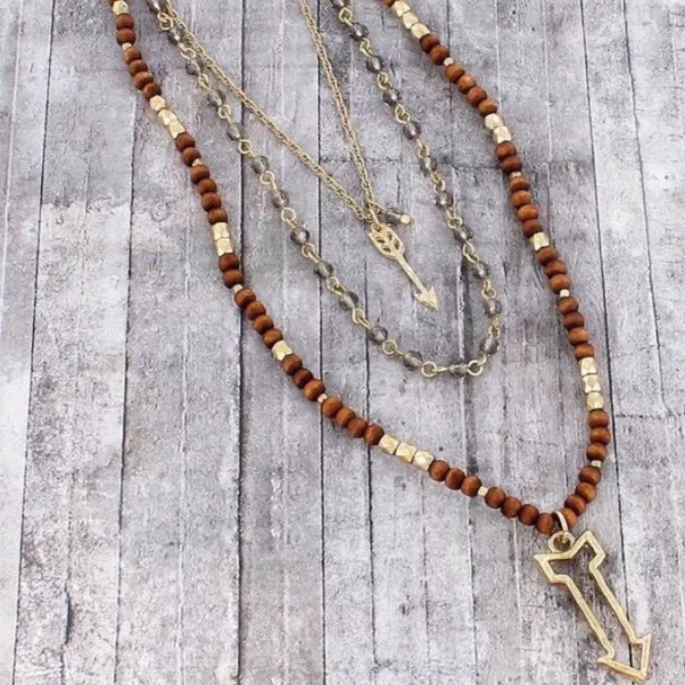Wooden Beaded Gold Arrow Charm Layer Necklace